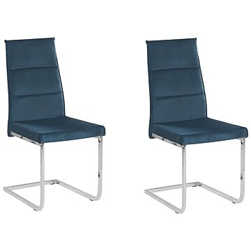 Set Of 2 Dining Chairs Blue Velvet Upholstered Cantilever Silver Legs Armless Modern Design Beliani