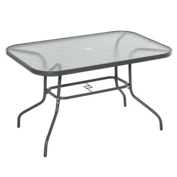 Outsunny Glass Top Garden Table Curved Metal Frame W/ Parasol Hole 4 Legs Outdoor Balcony Sturdy Friends Family Dining Table -grey