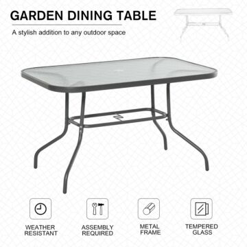 Outsunny Glass Top Garden Table Curved Metal Frame W/ Parasol Hole 4 Legs Outdoor Balcony Sturdy Friends Family Dining Table -grey