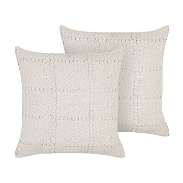 Set Of 2 Decorative Pillows Beige Cotton 45 X 45 Cm Geometric Pattern Boho Design Throw Cushions Beliani