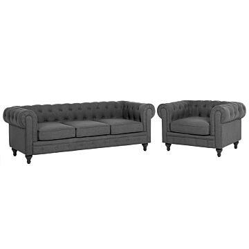 Chesterfield Living Room Set Grey Fabric Upholstery Dark Wood Legs 3 Seater Sofa + Armchair Beliani