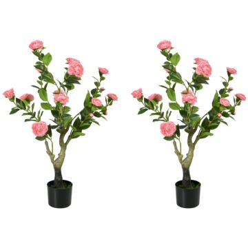 Homcom 2 Pieces Decorative Artificial Plants Camellia Flower With Pot, Fake Plant For Home Decor, 95cm, Pink