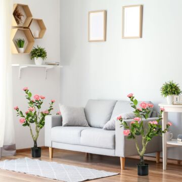 Homcom 2 Pieces Decorative Artificial Plants Camellia Flower With Pot, Fake Plant For Home Decor, 95cm, Pink