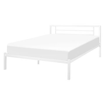 Bed Frame White Metal Double Size 4ft6 Solid Wood Slats Industrial Minimalist Beliani