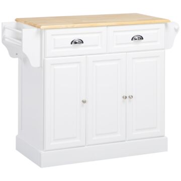 Homcom Kitchen Island With Storage Rolling Kitchen Serving Cart With Rubber Wood Top Towel Rack Storage Drawer Cabinet White