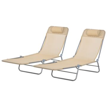 Outsunny Set Of Two Steel Frame Sun Loungers, With Reclining Backs - Brown