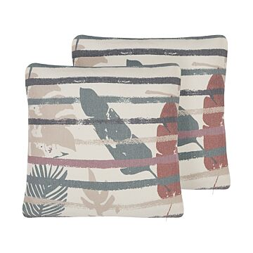 Set Of 2 Decorative Cushions Multicolour Polyester Cotton 45 X 45 Cm Striped Leaf Pattern Paint Print Pillow Decor Accessories Beliani