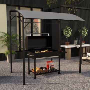 Outsunny 2.2 X 1.5 M Bbq Grill Gazebo Tent, Garden Grill With Metal Frame, Curved Canopy And 10 Hooks, Outdoor Sun Shade, Grey