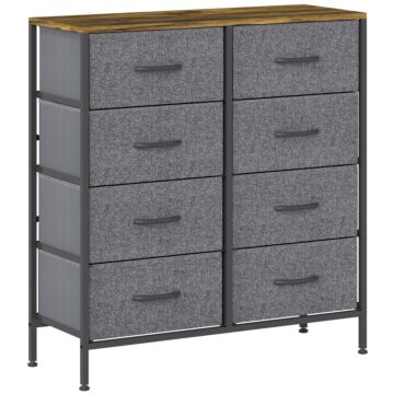 Homcom Fabric Chest Of Drawers, Industrial Bedroom Dresser With 8 Fabric Drawers, Steel Frame And Wooden Top For Nursery, Living Room, Hallway, Rustic Brown And Grey