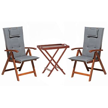 Garden Bistro Set Dark Acacia Wood With Grey Cushions Tea Table 2 Folding Chairs Uv Resistant Beliani