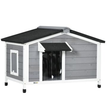 Pawhut Large Wooden Dog Kennel With Openable Top, Asphalt Roof, Windows, Curtain, Removable Tray, Adjustable Legs, Grey