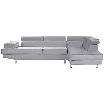 Corner Sofa Grey Velvet L-shaped 5 Seater Adjustable Headrests And Armrests Modern Living Room Couch Beliani