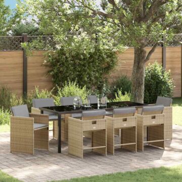 Vidaxl 9 Piece Garden Dining Set With Cushions Beige Poly Rattan