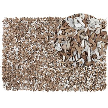 Area Rug Brown With Grey Genuine Leather 160 X 230 Cm Shaggy Handcrafted Rectangular Carpet Modern Design Beliani