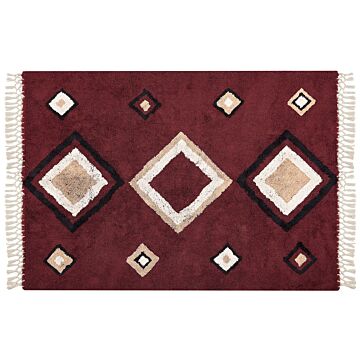Area Rug Red Cotton 160 X 230 Cm Rectangular With Tassels Diamond Pattern Boho Oriental Style Beliani