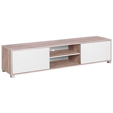 Tv Stand Light Wood White Up To 81ʺ Tv Recommended Cable Management 2 Shelves 2 Cabinets Minimalist Beliani