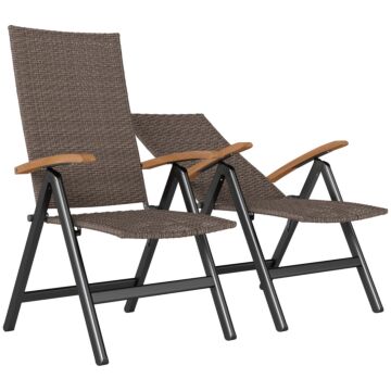 Outsunny 2 Pieces Outdoor Foldable Dining Chair With Armrests, High Backrest, For Garden, Camping, Balcony, Brown