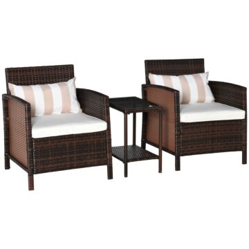 Outsunny Rattan Garden Furniture 3 Pieces Patio Bistro Set Wicker Weave Conservatory Sofa Chair & Table Set With Cushion Pillow - Brown