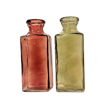 Set Of 2 Red & Green Coloured Rectangle Glass Vase's 25cm