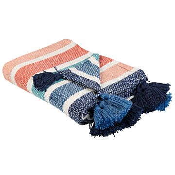 Throw Blanket Multicolour Polyester Pet 130 X 150 Cm With Decorative Tassels Striped Pattern Beliani
