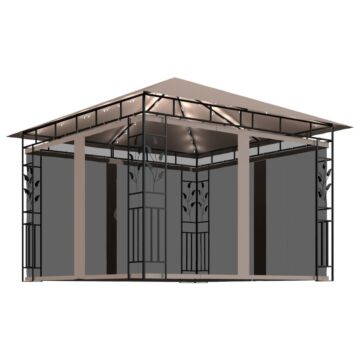 Vidaxl Gazebo With Mosquito Net&led String Lights 3x3x2.73 M Taupe