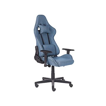 Gaming Chair Blue Fabric Swivel Adjustable Armrests And Height Footrest Modern Beliani