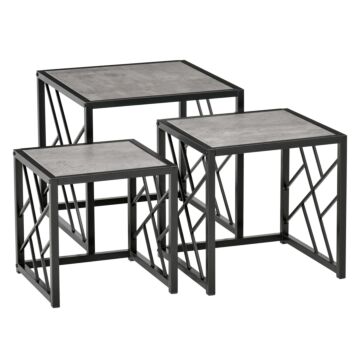 Homcom Set Of 3 Nest Of Tables, Square Side Tables With Black Metal Frame, For Living Room, Bedroom And Office, Grey