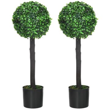 Homcom Set Of 2 Artificial Plants Boxwood Ball Trees In Pot Fake Plants For Home Indoor Outdoor Decor, 20x20x60cm, Green