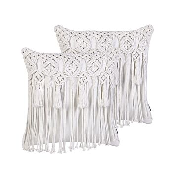 Decorative Cushion Set Of 2 White Cotton Macramé 45 X 45 Cm With Tassels Rope Boho Retro Decor Accessories Beliani