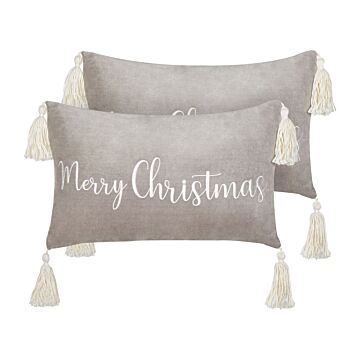 Set Of 2 Scatter Cushions Grey Cotton Velvet 30 X 50 Cm Christmas Motif Caption With Tassels Accessories Festive Decor Beliani