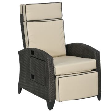 Outsunny Outdoor Recliner Chair With Adjustable Backrest And Footrest, Cushion, Side Tray, Brown