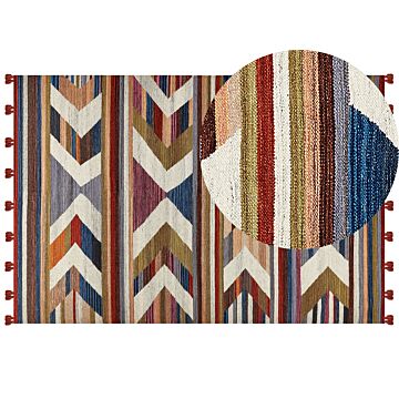 Kilim Area Rug Multicolour Wool And Cotton 200 X 300 Cm Handmade Woven Boho Striped Pattern With Tassels Beliani