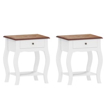 Homcom 2pcs Bedside Tables With Drawer, French Style Bedside Cabinets With Open Shelf For Bedroom, Living Room, White