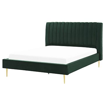 Eu King Size Panel Bed Velvet Green Slatted Base 6ft High Headrest Vintage Beliani