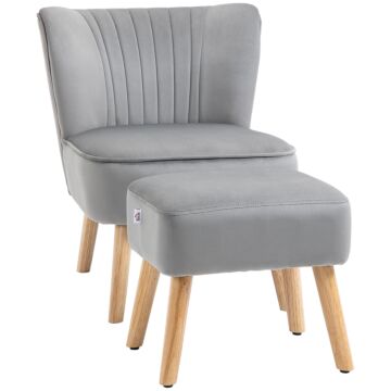 Homcom Velvet Accent Chair Occasional Tub Seat Padding Curved Back With Ottoman Wood Frame Legs Home Furniture Light Grey