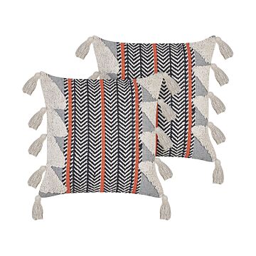 Set Of 2 Decorative Cushions Multicolour Cotton 45 X 45 Cm With Tassels Boho Chevron Pattern Beliani