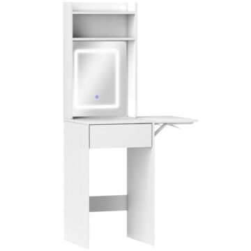 Homcom Small Vanity Desk With Mirror And Led Lights, Compact Dressing Table With Drop Leaf, Open Shelves And Drawer, White