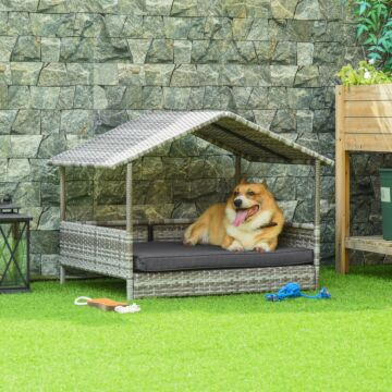 Pawhut Wicker Dog House, Rattan Pet Bed, With Removable Cushion, Canopy, For Small And Medium Dogs - Dark Grey
