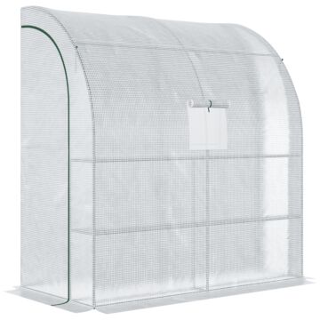 Outsunny Walk-in Lean To Wall Greenhouse With Windows And Doors 2 Tiers 4 Wired Shelves 200l X 100w X 213hcm White