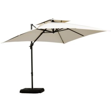 Outsunny 3 X 3(m) Garden Cantilever Parasol With Crank And Tilt, Square Overhanging Patio Umbrella With 360° Rotation, Base Weights And Cover, Beige