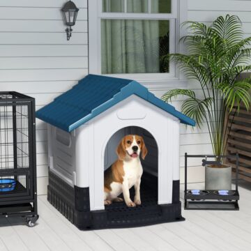 Pawhut Plastic Dog Kennel With Windows, For Garden Patio, Medium And Large Dogs, 101 X 88 X 99cm - Blue