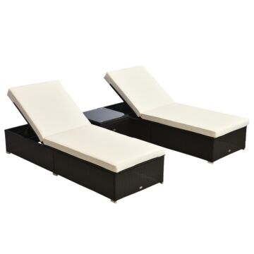 Outsunny 3pc Rattan Sun Lounger Garden Outdoor Wicker Recliner Bed Side Table Set Patio Furniture Dark Coffee