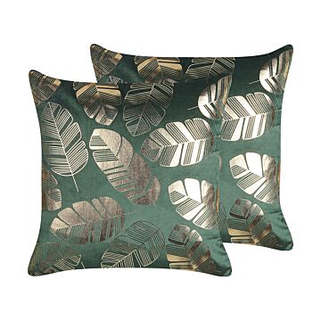 Set Of 2 Decorative Cushions Green Velvet 45 X 45 Cm Gold Leaf Foil Print Glamour Decor Accessories Beliani