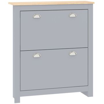 Homcom 2 Drawer Shoe Cabinet Modern Narrow Shoe Cupboard Hallway Wooden Storage Organiser With Flip Doors Adjustable Shelf For 6-12 Pairs, Grey