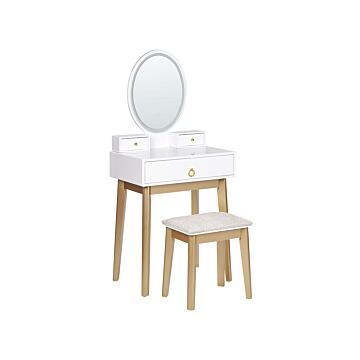 Dressing Table White And Gold Mdf 3 Drawers Led Mirror Stool Living Room Furniture Glam Design Beliani