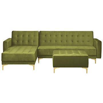 Corner Sofa Bed Teal Velvet Tufted Fabric Modern L-shaped Modular 4 Seater With Ottoman Right Hand Chaise Longue Beliani