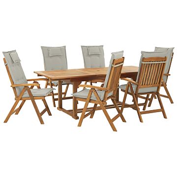 Garden Dining Set Acacia Wood With Taupe Cushions 6 Seater Adjustable Foldable Chairs Outdoor Country Style Beliani