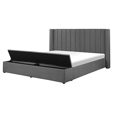 Eu King Size Panel Bed Grey Velvet 5ft3 Slatted Base High Headrest With Storage Bench Beliani