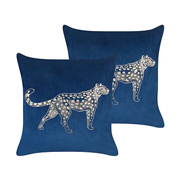 Set Of 2 Navy Blue Decorative Pillows Polyester 45 X 45 Cm Animal Pattern Modern Traditional Living Room Bedroom Cushions Beliani