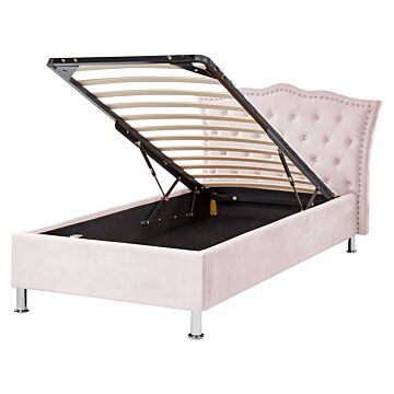 Eu Single Size Bed Pink Velvet Upholstered Frame With Storage Nailhead Trim Crystal Buttons Headrest Bedroom Modern Glam Beliani